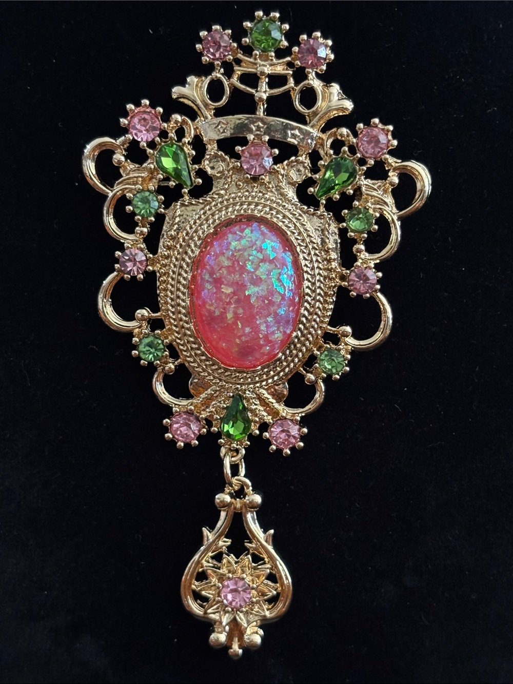 Gold-Tone Pink Opalescent & Green Accent Brooch - Women Jewelry